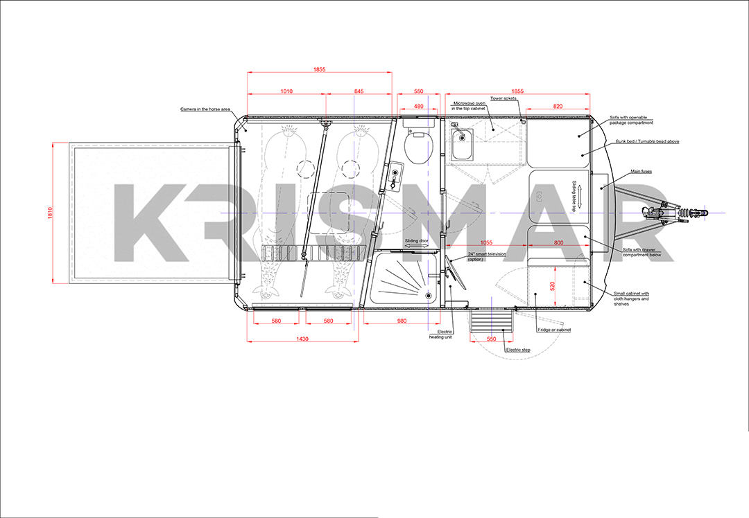 A floor plan of a 3.5 ton Krismar Trailer for 2 horses.