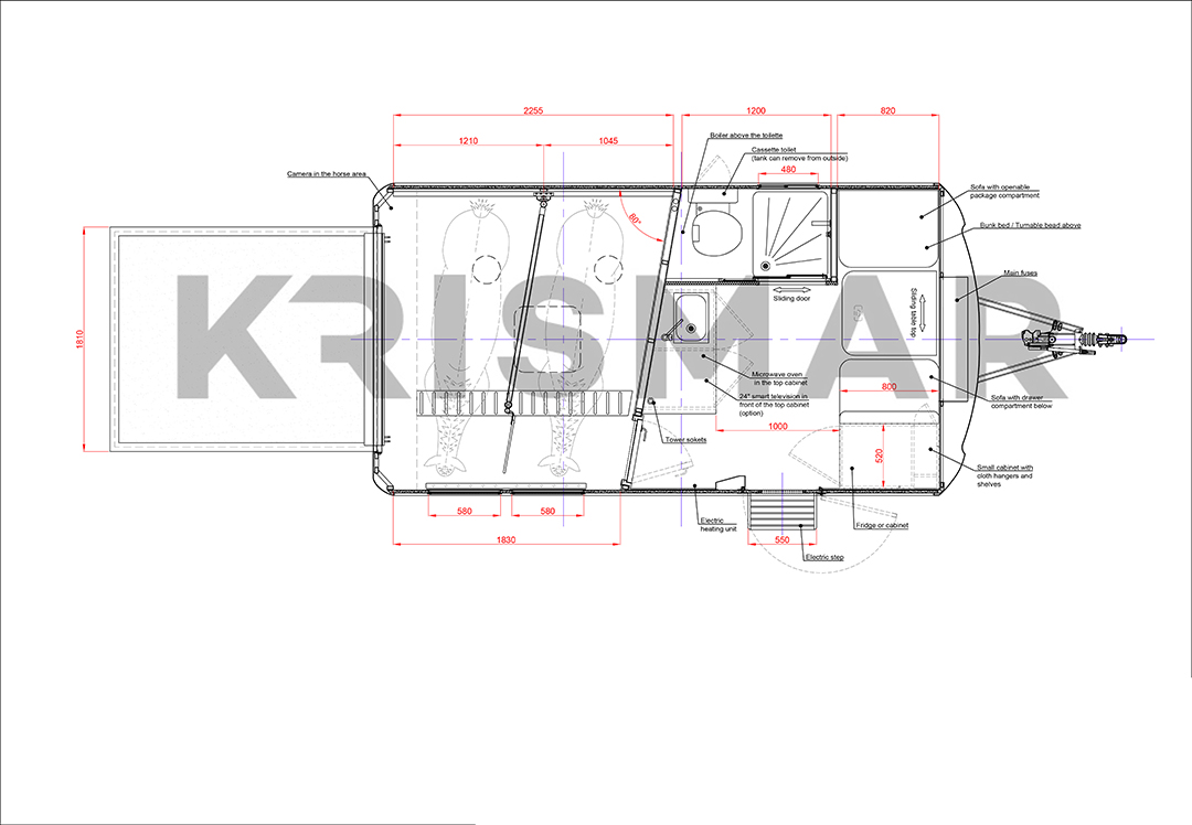 A floor plan of a 3.5 ton Krismar Trailer for 2 horses.