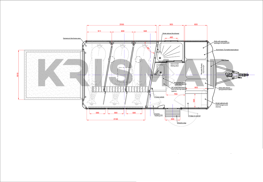 A floor plan of a 3.5 ton Krismar Trailer for 3 horses.