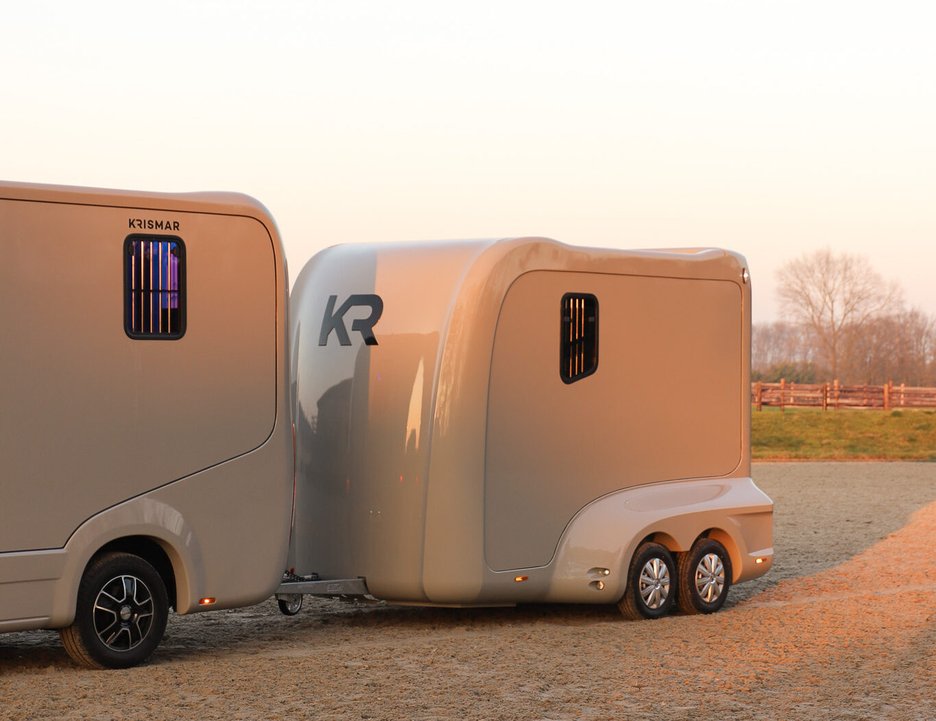 Gorgeous grey horse trailer for 2 horses built by Krismar with the black KR on the front.