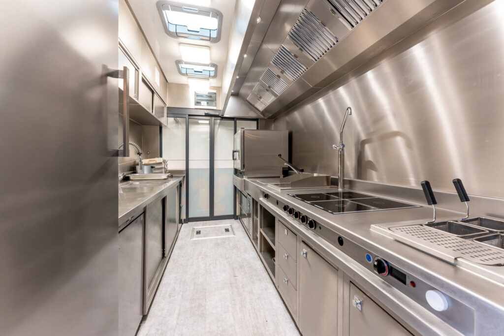 Professional mobile kitchen inside the Krismar hospitality motorhome