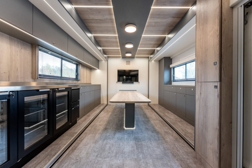 Dining area inside the custom hospitality motorhome